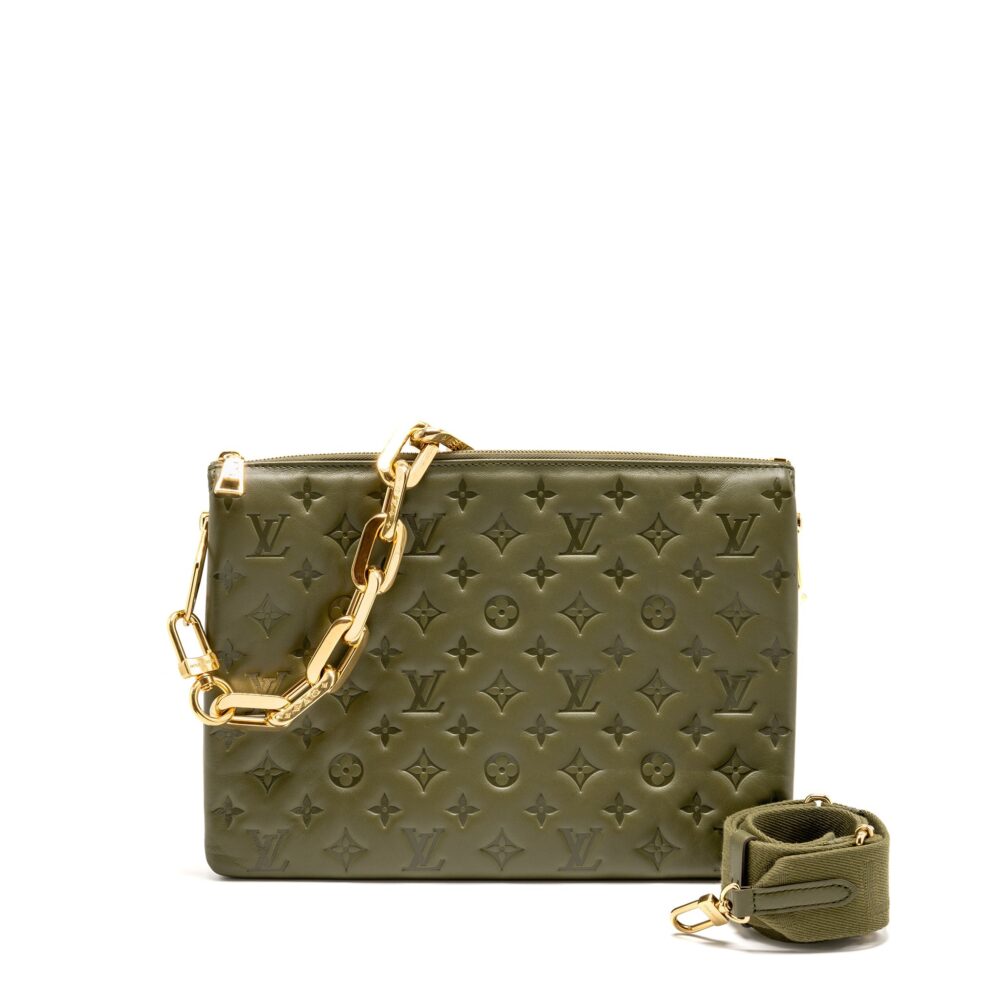 AAA Replica Louis Vuitton LV COUSSIN MM MONOGRAM-EMBOSSED PUFFY LAMBSKIN KHAKI GHW