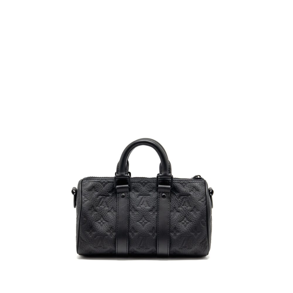 AAA Replica Louis Vuitton LV KEEPALL BANDOULIERE 25 MONOGRAM TAURILLON LEATHER BLACK WITH BLACK HARDWARE