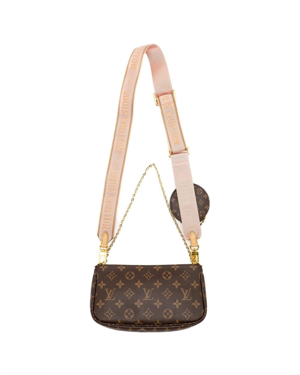 AAA Replica Louis Vuitton LV MULTI POCHETTE ACCESSORIES MONOGRAM CANVAS PINK STRAP GHW