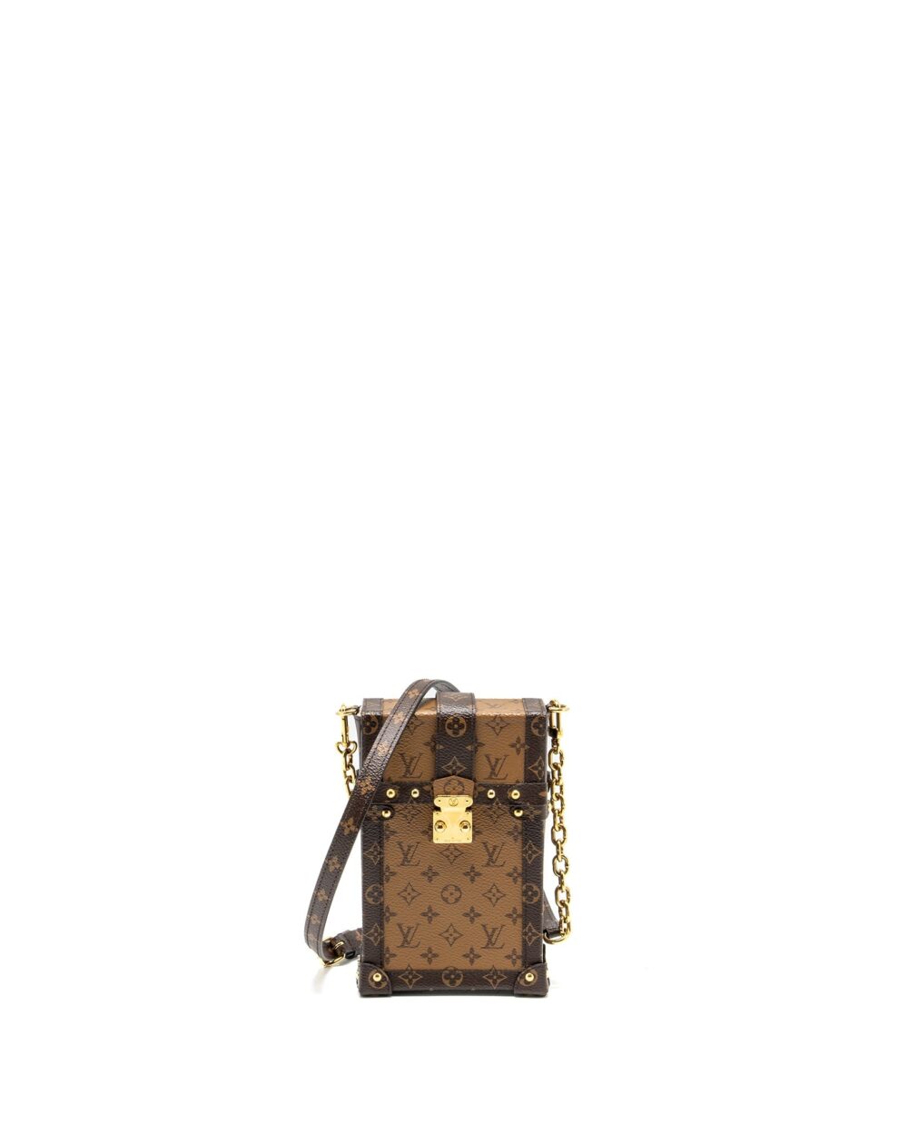 AAA Replica Louis Vuitton LV VERTICAL TRUNK POCHETTE WITH CHAIN MONOGRAM REVERSE CANVAS GHW