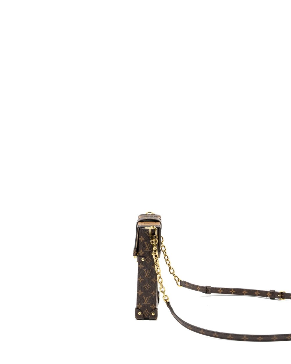 AAA Replica Louis Vuitton LV VERTICAL TRUNK POCHETTE WITH CHAIN MONOGRAM REVERSE CANVAS GHW