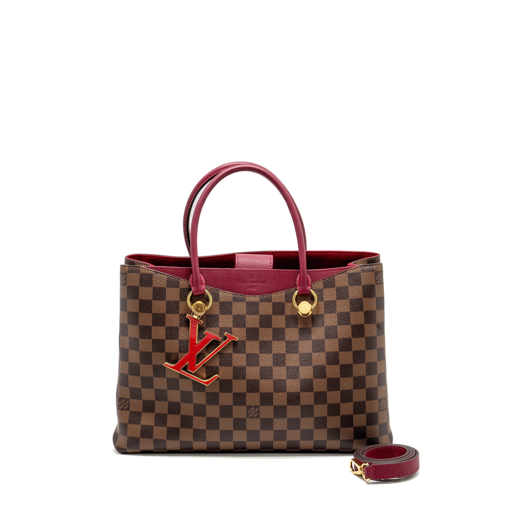 AAA Replica Louis Vuitton LV RIVERSIDE TOTE BAG DAMIER EBENE CANVAS RED/BROWN GHW