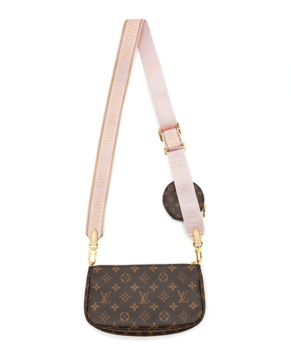 AAA Replica Louis Vuitton LV MULTI POCHETTE ACCESSORIES MONOGRAM CANVAS WITH ROSE CLAIR STRAP GHW