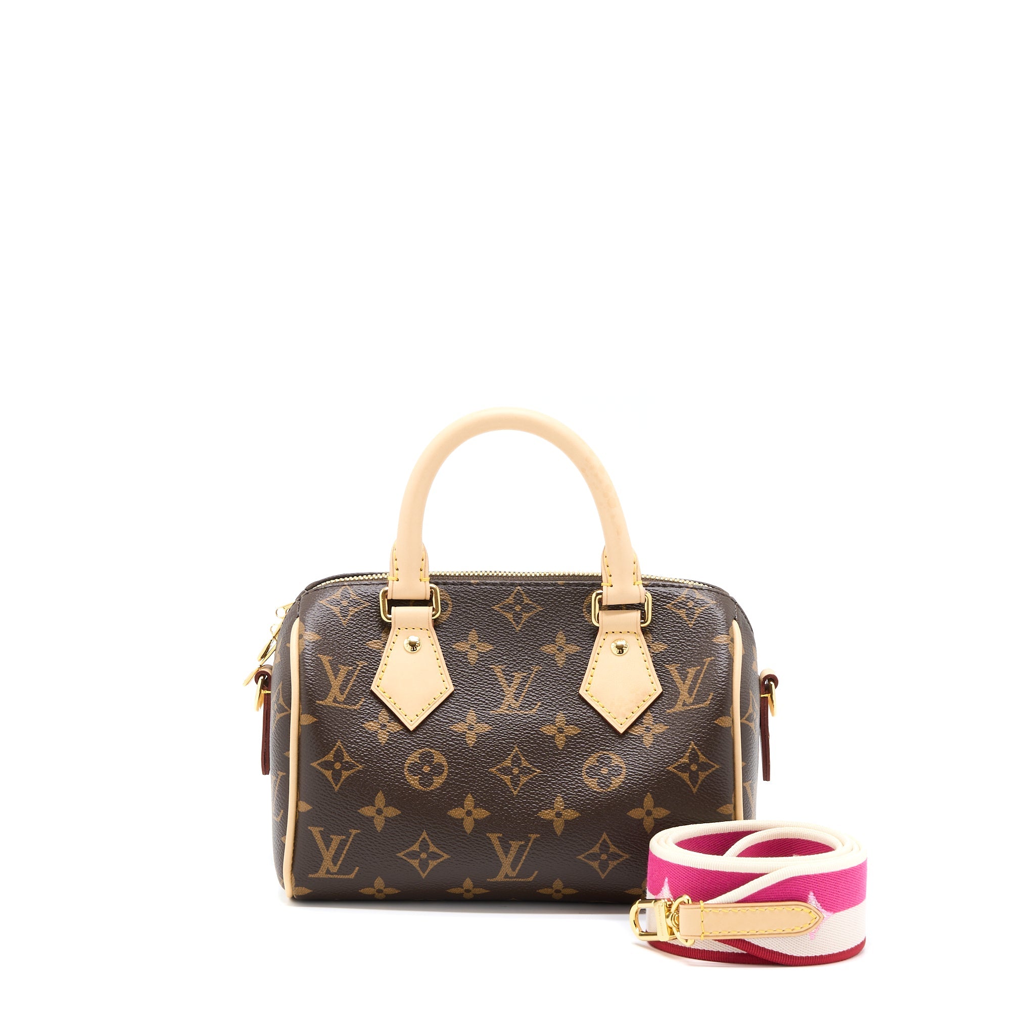 AAA Replica Louis Vuitton LV SPEEDY BANDOULIERE 20 MONOGRAM CANVAS WITH FUCHSIA STRAP