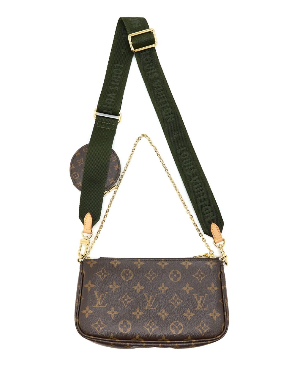 AAA Replica Louis Vuitton LV MULTI POCHETTE ACCESSORIES MONOGRAM CANVAS WITH KHAKI STRAP GHW
