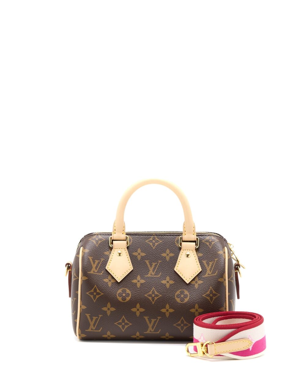 AAA Replica Louis Vuitton LV SPEEDY BANDOULIERE 20 MONOGRAM CANVAS FUCHSIA STRAP GHW
