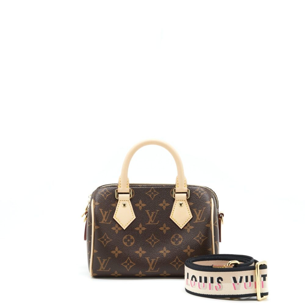 AAA Replica Louis Vuitton LV SPEEDY BANDOULIERE 20 MONOGRAM CANVAS/BLACK MULTICOLOUR STRAP