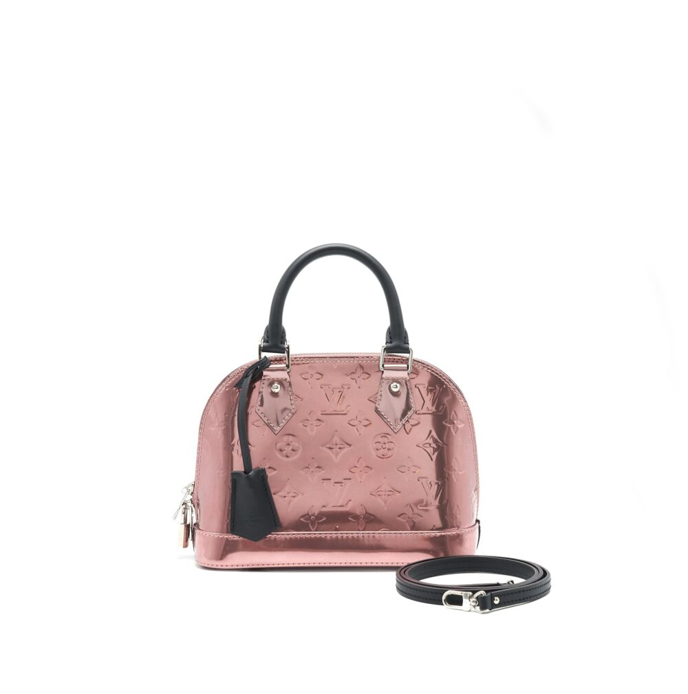 AAA Replica Louis Vuitton LV ALMA BB PATENT LEATHER METALLIC PINK WITH BLACK HANDLE SHW