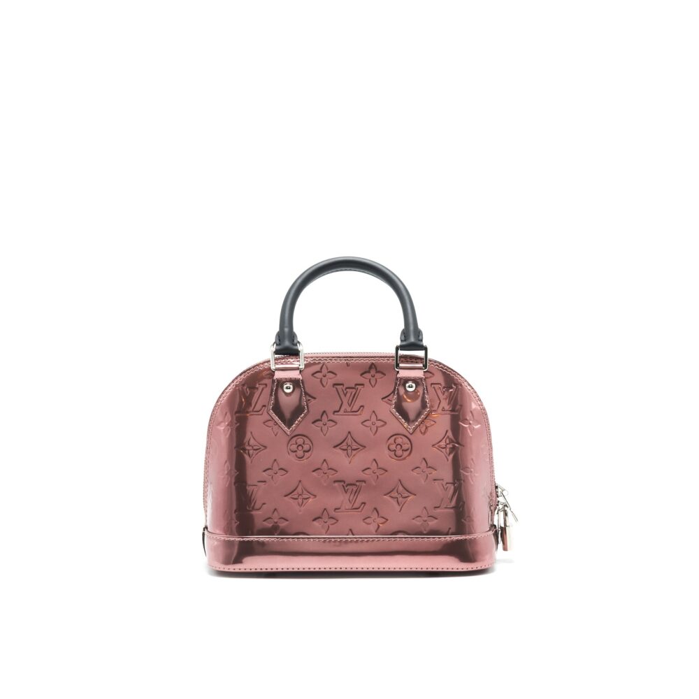 AAA Replica Louis Vuitton LV ALMA BB PATENT LEATHER METALLIC PINK WITH BLACK HANDLE SHW