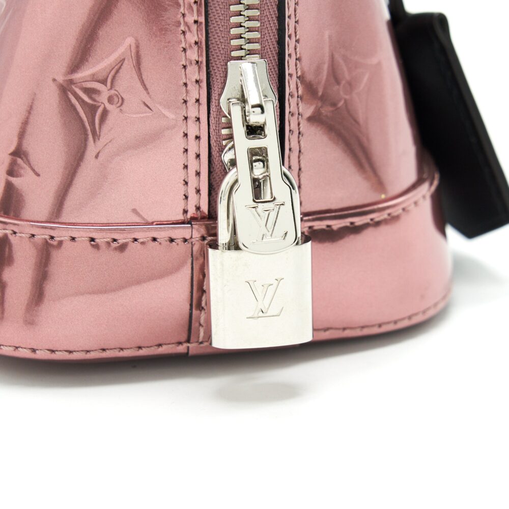 AAA Replica Louis Vuitton LV ALMA BB PATENT LEATHER METALLIC PINK WITH BLACK HANDLE SHW
