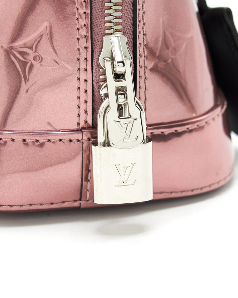 AAA Replica Louis Vuitton LV ALMA BB PATENT LEATHER METALLIC PINK WITH BLACK HANDLE SHW
