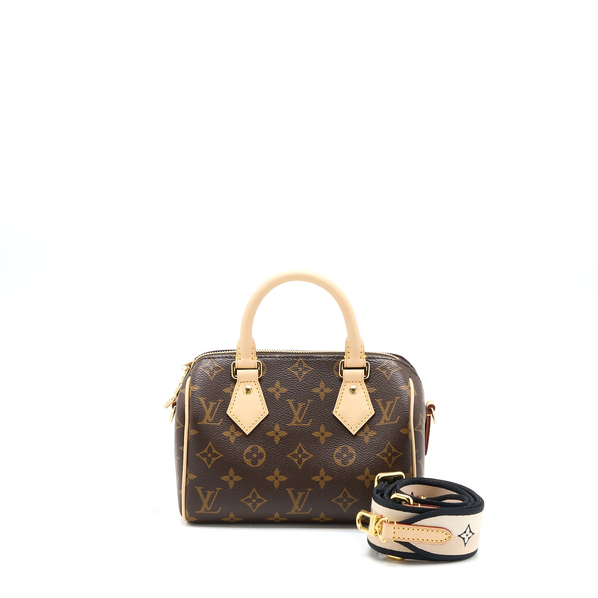 AAA Replica Louis Vuitton LV SPEEDY BANDOULIERE 20 MONOGRAM CANVAS BLACK STRAP GHW (NEW VERSION)