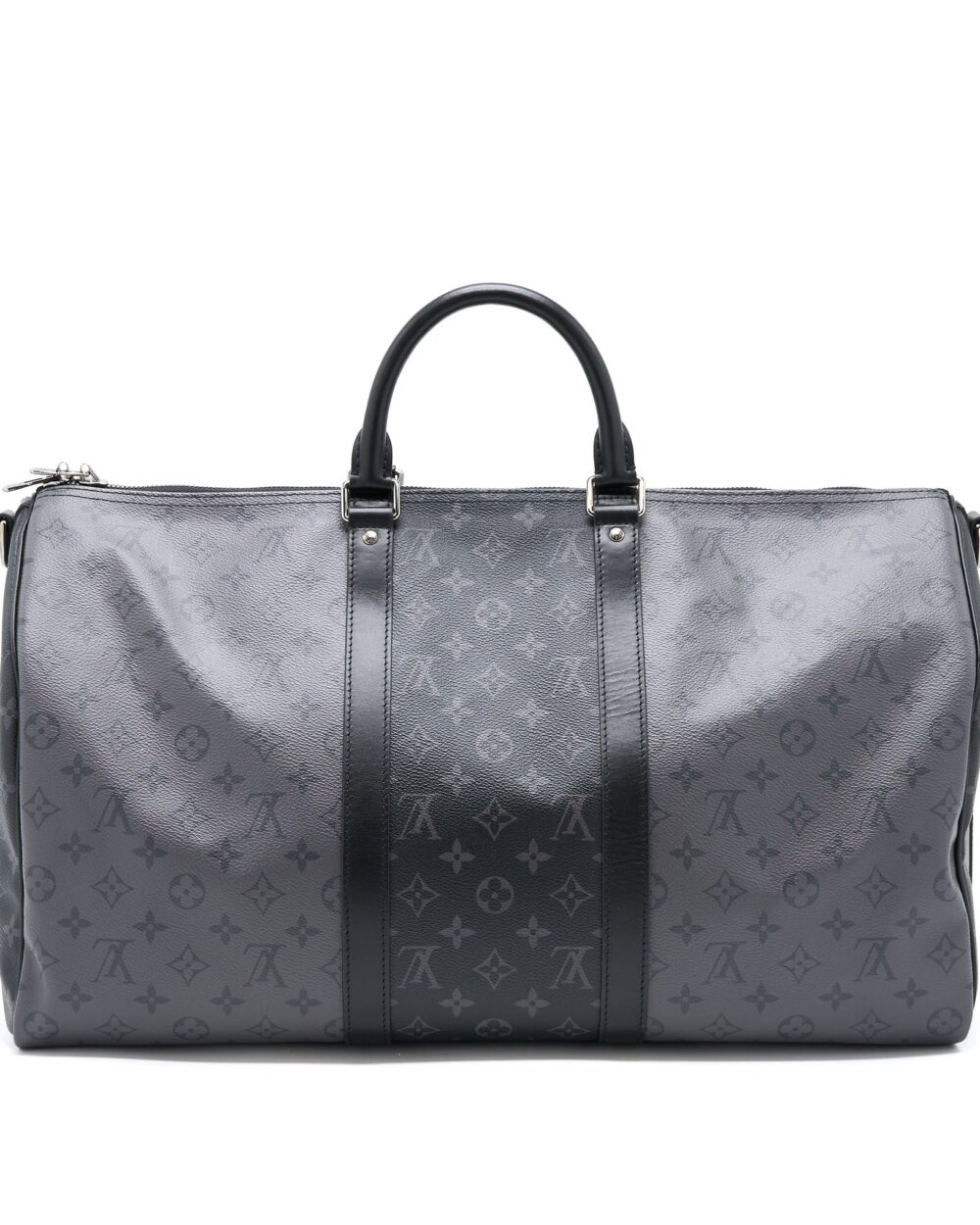 AAA Replica Louis Vuitton LV KEEPALL BANDOULIERE 50 MONOGRAM ECLIPSE CANVAS BLACK/GREY BLACK HARDWARE (NEW VERSION)