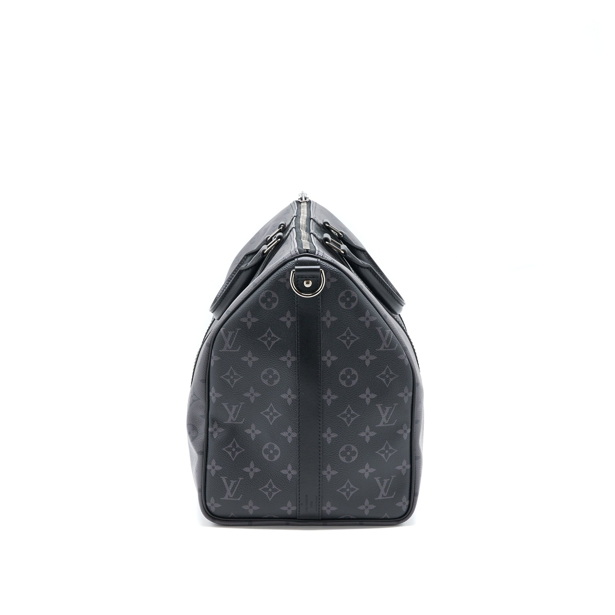 AAA Replica Louis Vuitton LV KEEPALL BANDOULIERE 50 MONOGRAM ECLIPSE CANVAS BLACK/GREY BLACK HARDWARE (NEW VERSION)