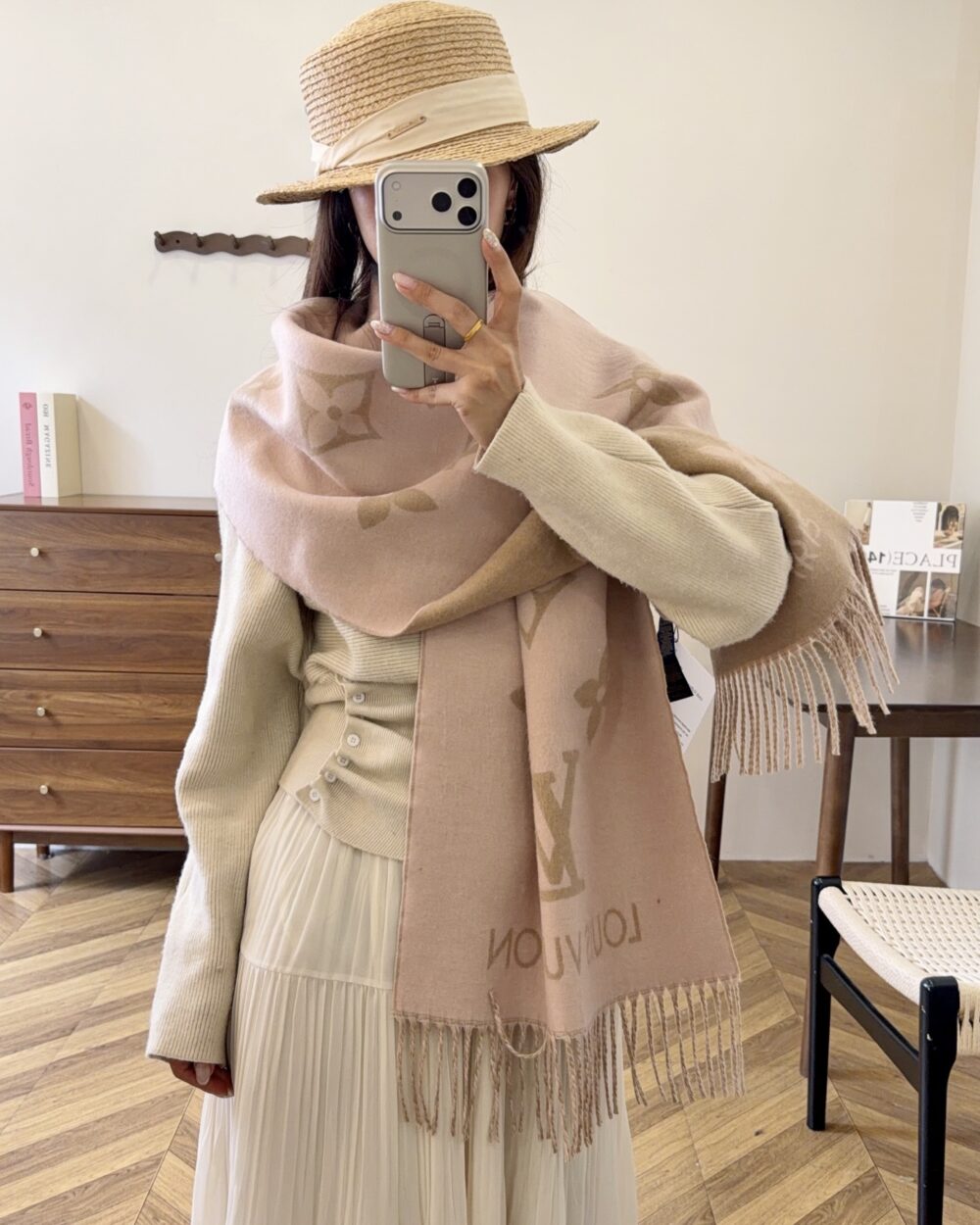Louis Vuitton Beige Monogram Wool Scarf